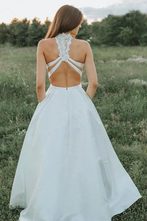 A Line Two Pieces Lace White Wedding Dresses With Pockets TN178
