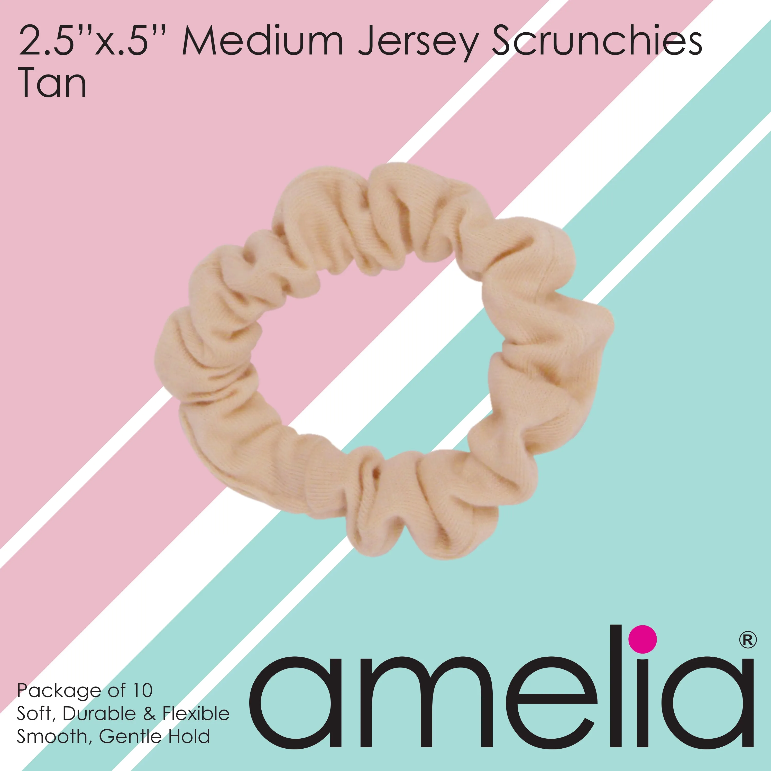 Amelia Beauty, Medium Tan Jersey Scrunchies, 2.5in Diameter, Gentle on Hair, Strong Hold, No Snag, No Dents or Creases. 10 Pack
