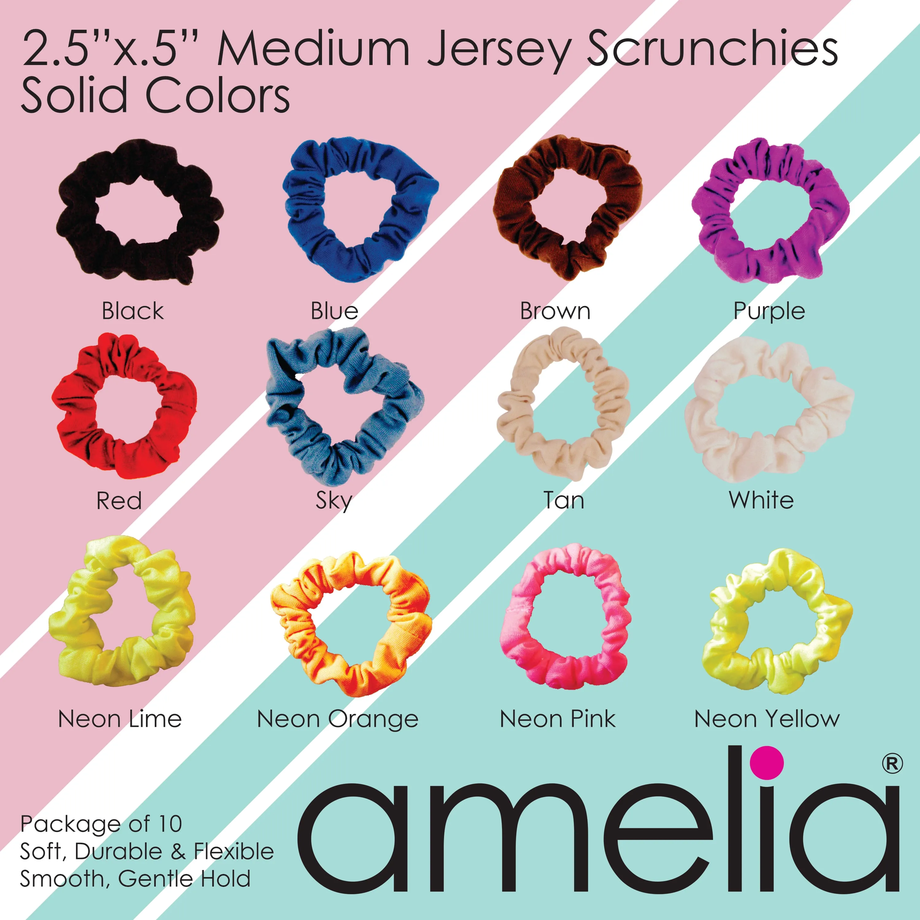 Amelia Beauty, Medium Tan Jersey Scrunchies, 2.5in Diameter, Gentle on Hair, Strong Hold, No Snag, No Dents or Creases. 10 Pack