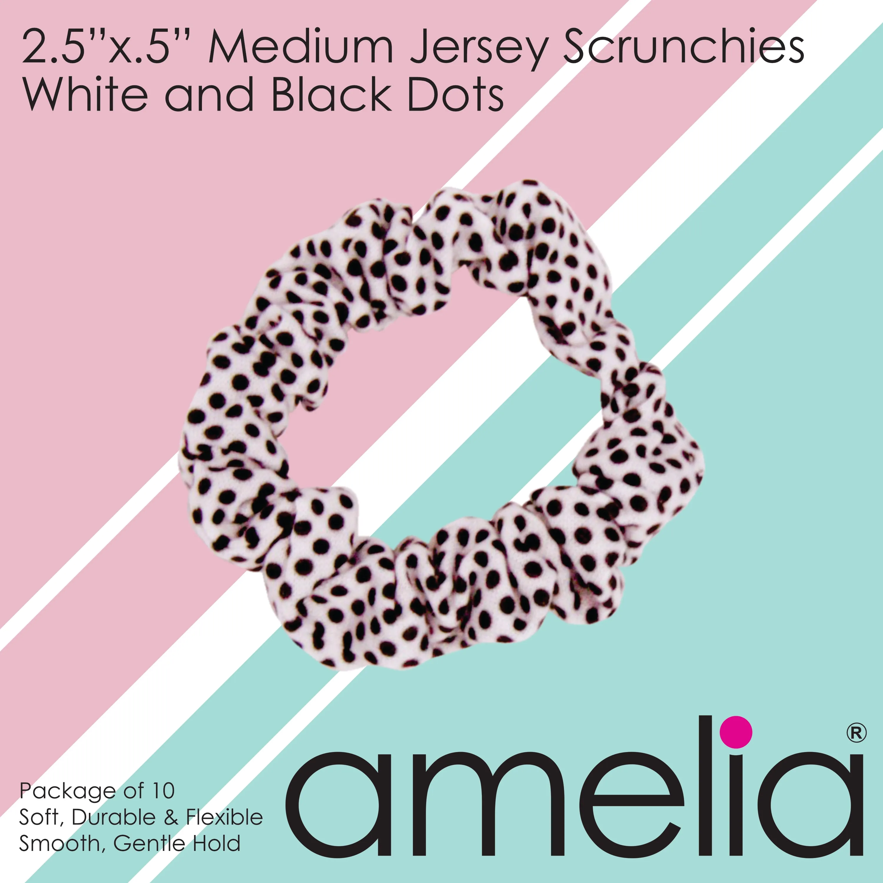Amelia Beauty, Medium White with Black Polka Dot Jersey Scrunchies, 2.5in Diameter, Gentle on Hair, Strong Hold, No Snag, No Dents or Creases. 10 Pack