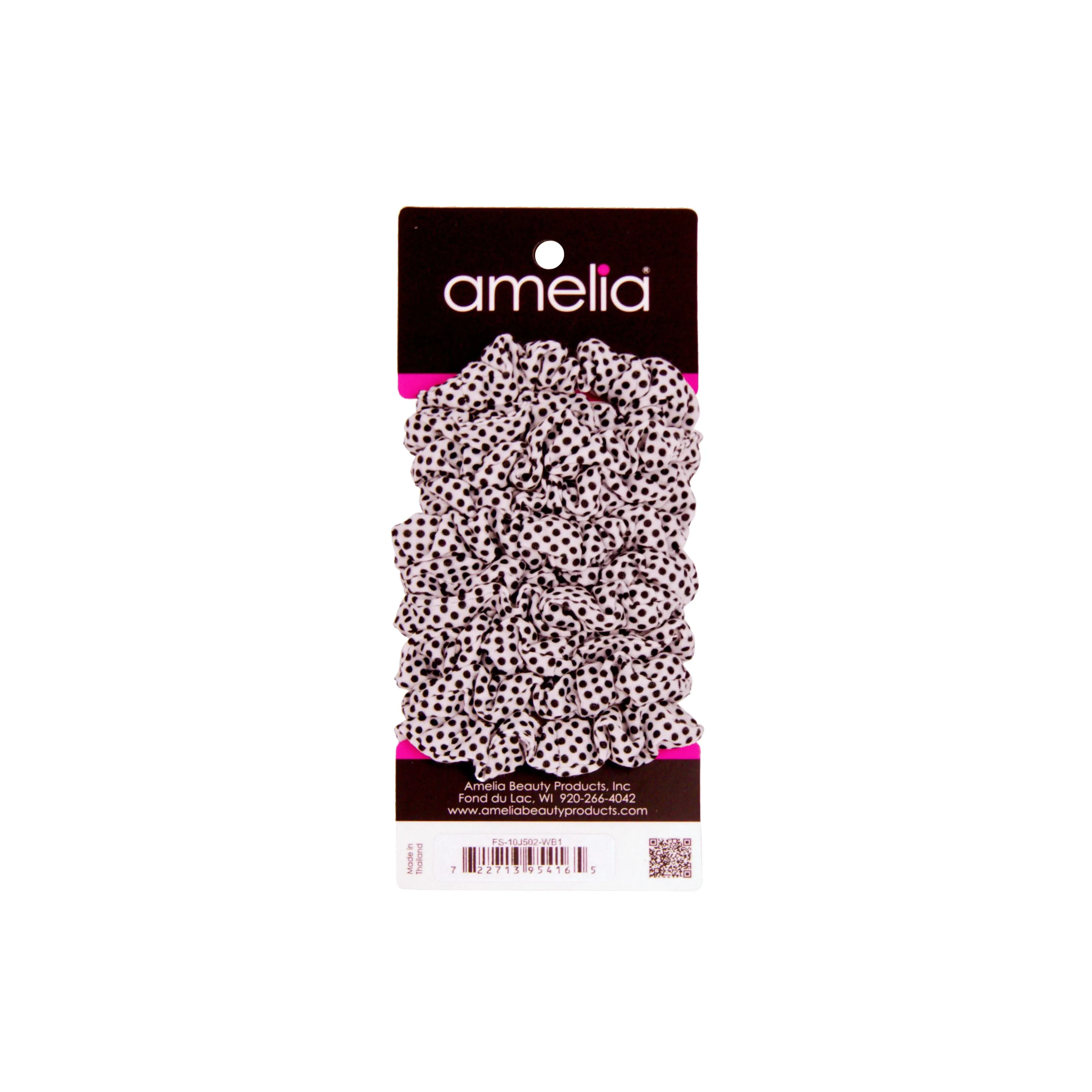 Amelia Beauty, Medium White with Black Polka Dot Jersey Scrunchies, 2.5in Diameter, Gentle on Hair, Strong Hold, No Snag, No Dents or Creases. 10 Pack