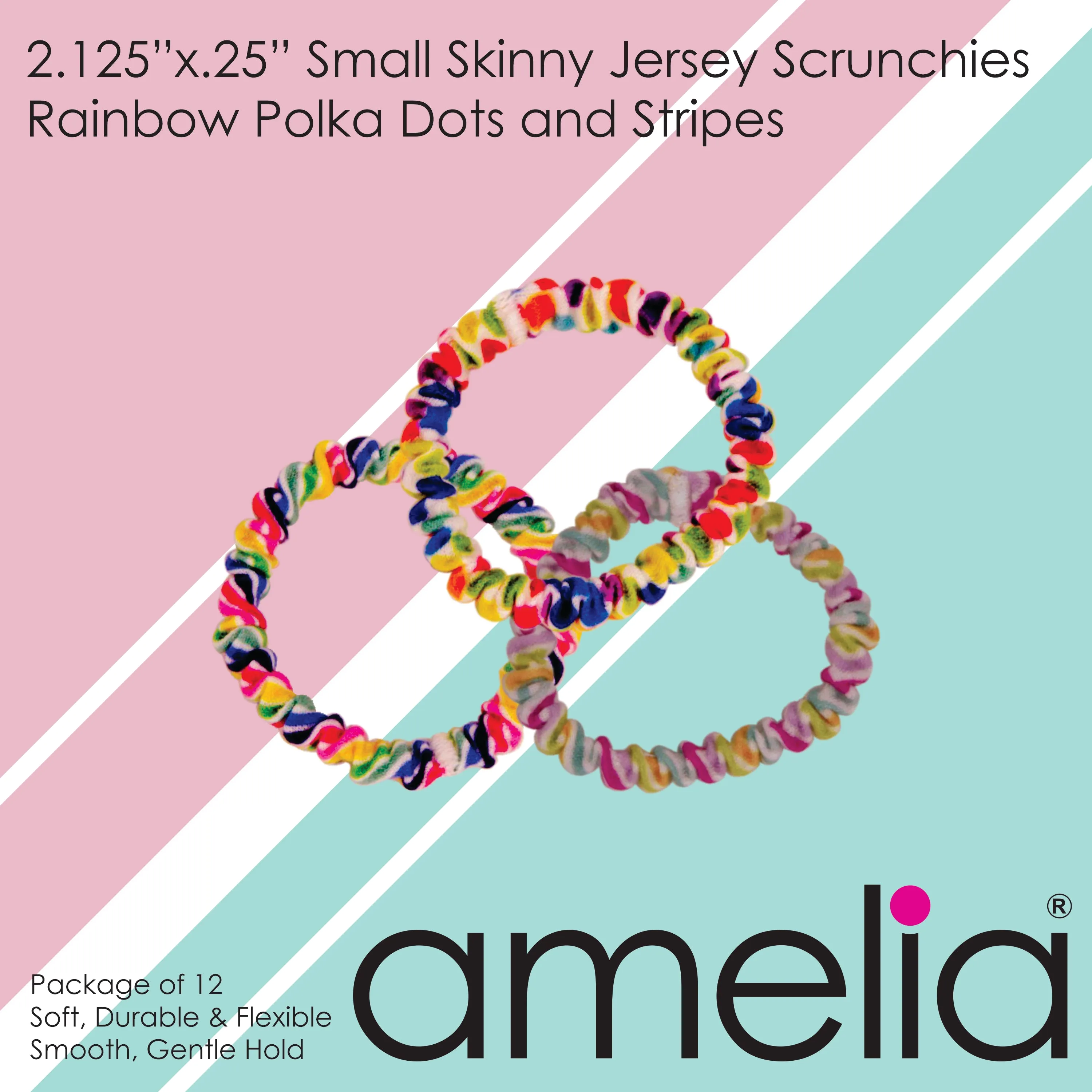 Amelia Beauty, Polka Dot and Stripe Mix Skinny Jersey Scrunchies, 2.125in Diameter, Gentle on Hair, Strong Hold, No Snag, No Dents or Creases. 12 Pack
