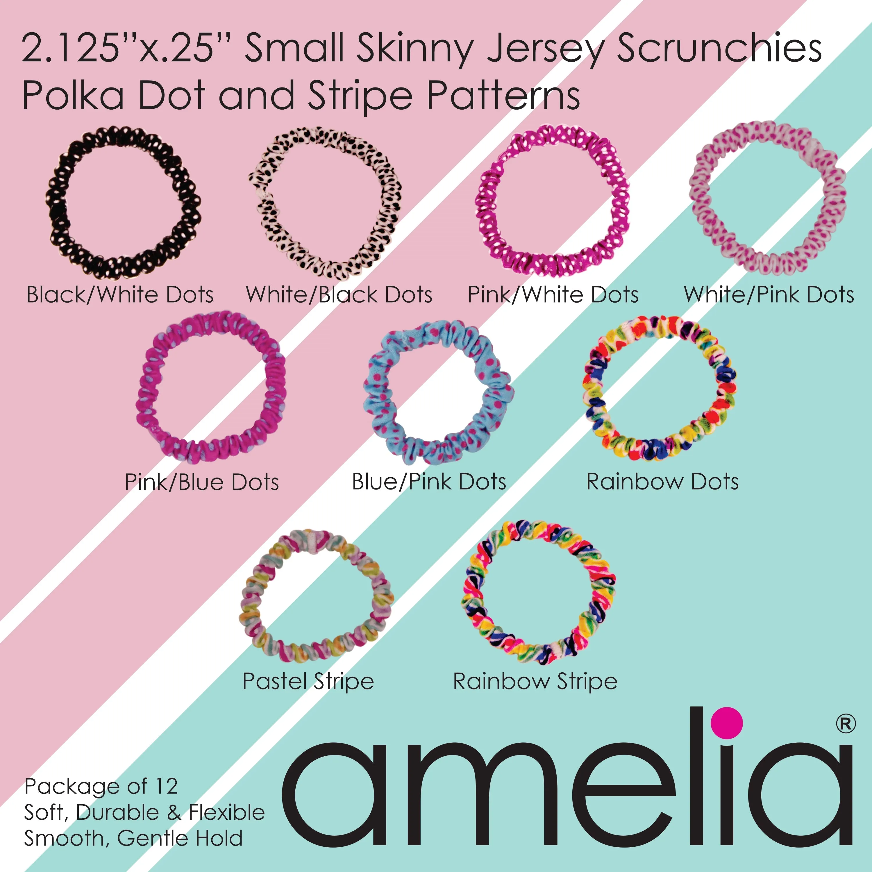 Amelia Beauty, Sky Blue Skinny Jersey Scrunchies, 2.125in Diameter, Gentle on Hair, Strong Hold, No Snag, No Dents or Creases. 12 Pack