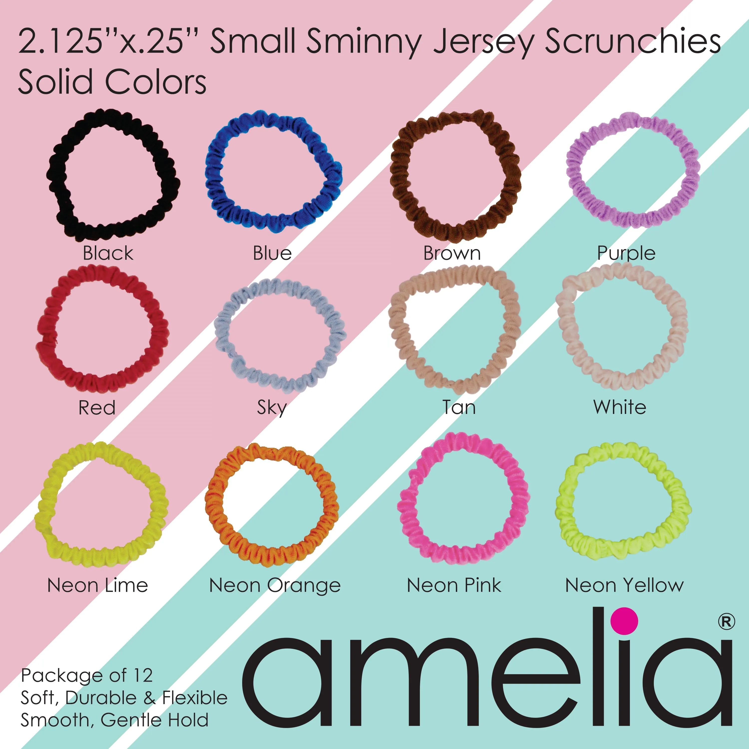 Amelia Beauty, Sky Blue Skinny Jersey Scrunchies, 2.125in Diameter, Gentle on Hair, Strong Hold, No Snag, No Dents or Creases. 12 Pack