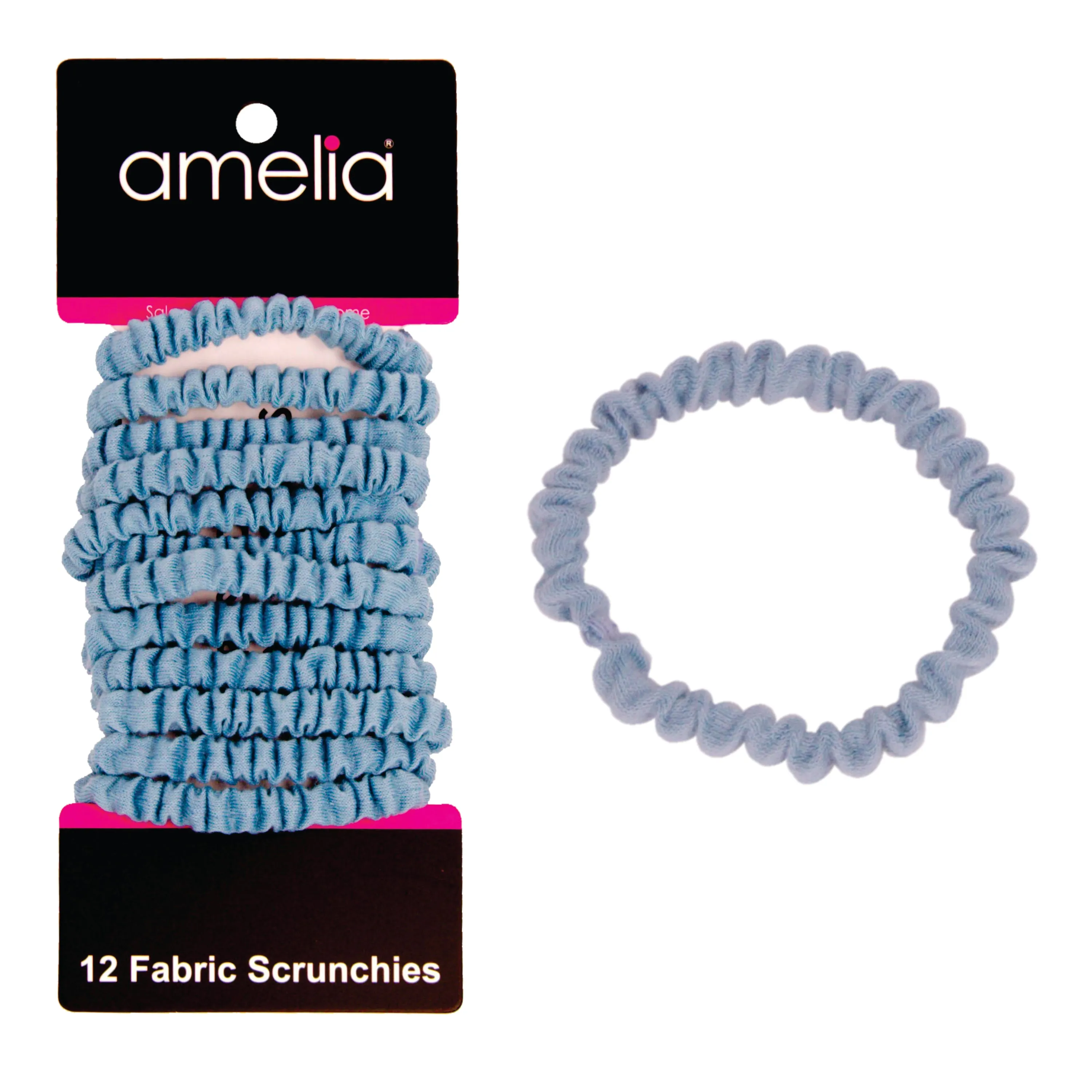 Amelia Beauty, Sky Blue Skinny Jersey Scrunchies, 2.125in Diameter, Gentle on Hair, Strong Hold, No Snag, No Dents or Creases. 12 Pack
