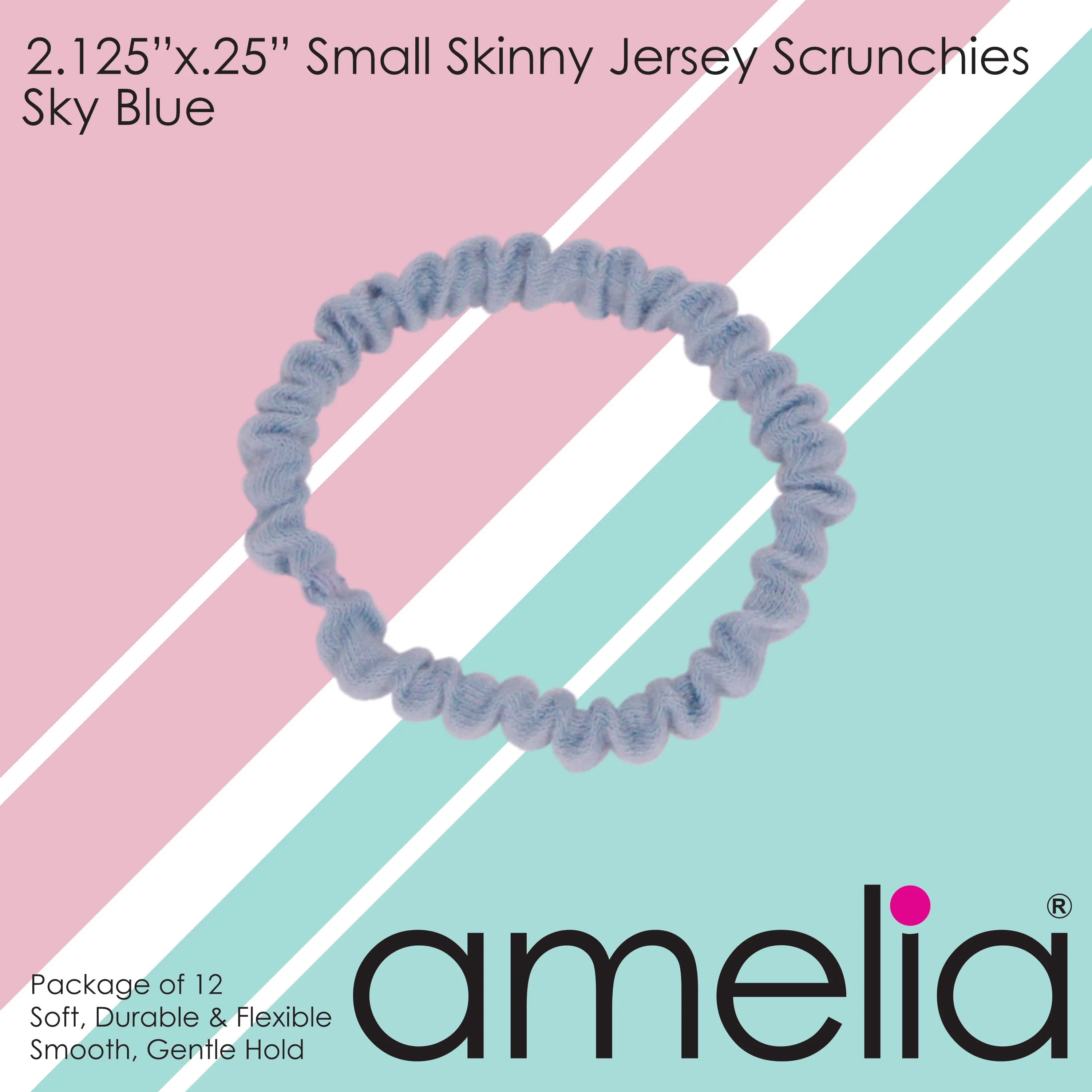 Amelia Beauty, Sky Blue Skinny Jersey Scrunchies, 2.125in Diameter, Gentle on Hair, Strong Hold, No Snag, No Dents or Creases. 12 Pack