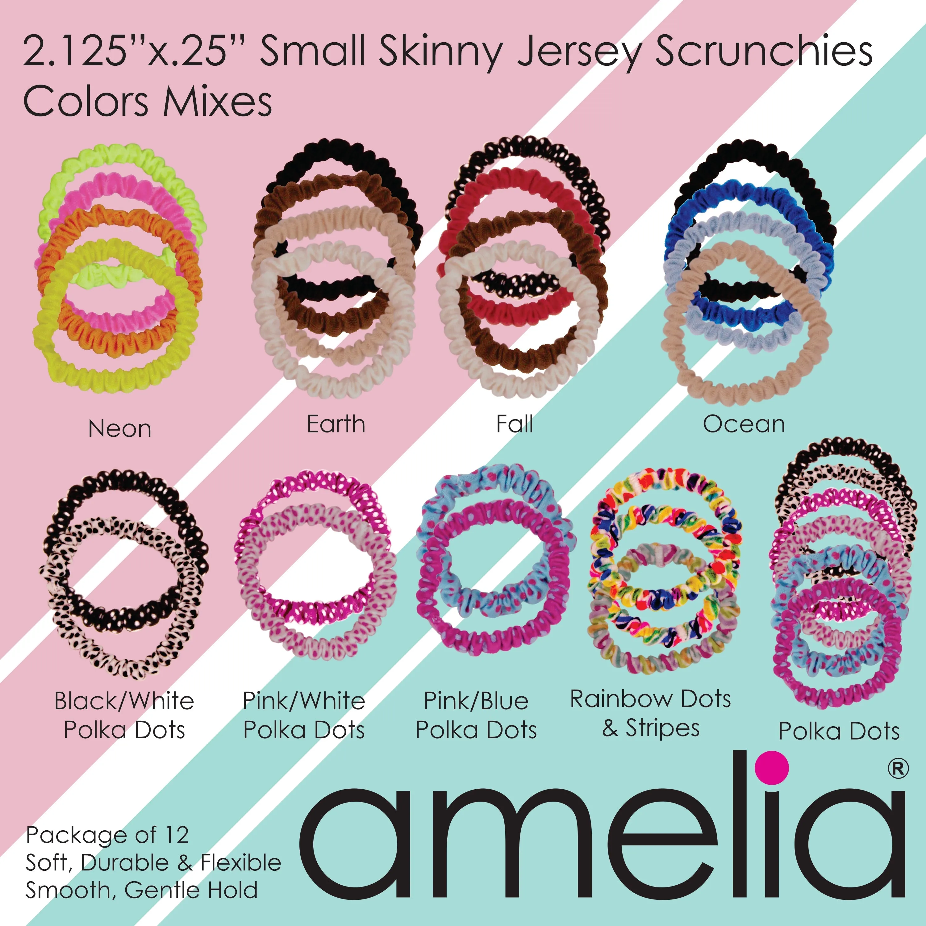 Amelia Beauty, Sky Blue Skinny Jersey Scrunchies, 2.125in Diameter, Gentle on Hair, Strong Hold, No Snag, No Dents or Creases. 12 Pack