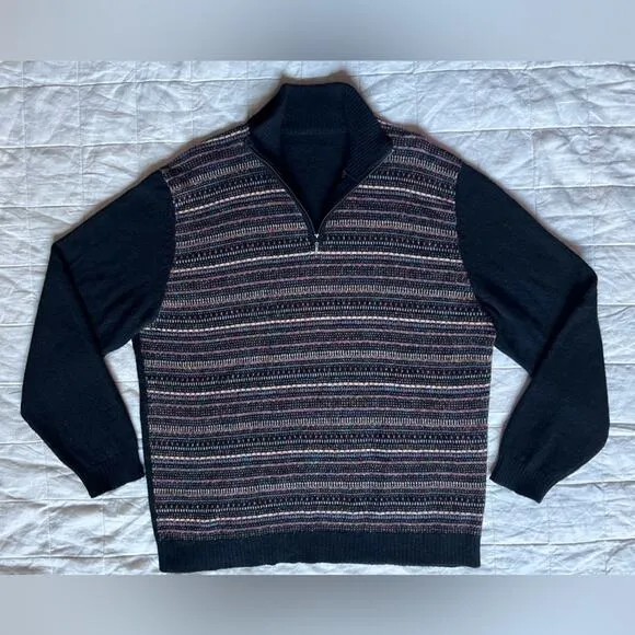 Andean Black Multicolor Fair Isle Stripe Quarter Zip Baby Alpaca Blend - Large