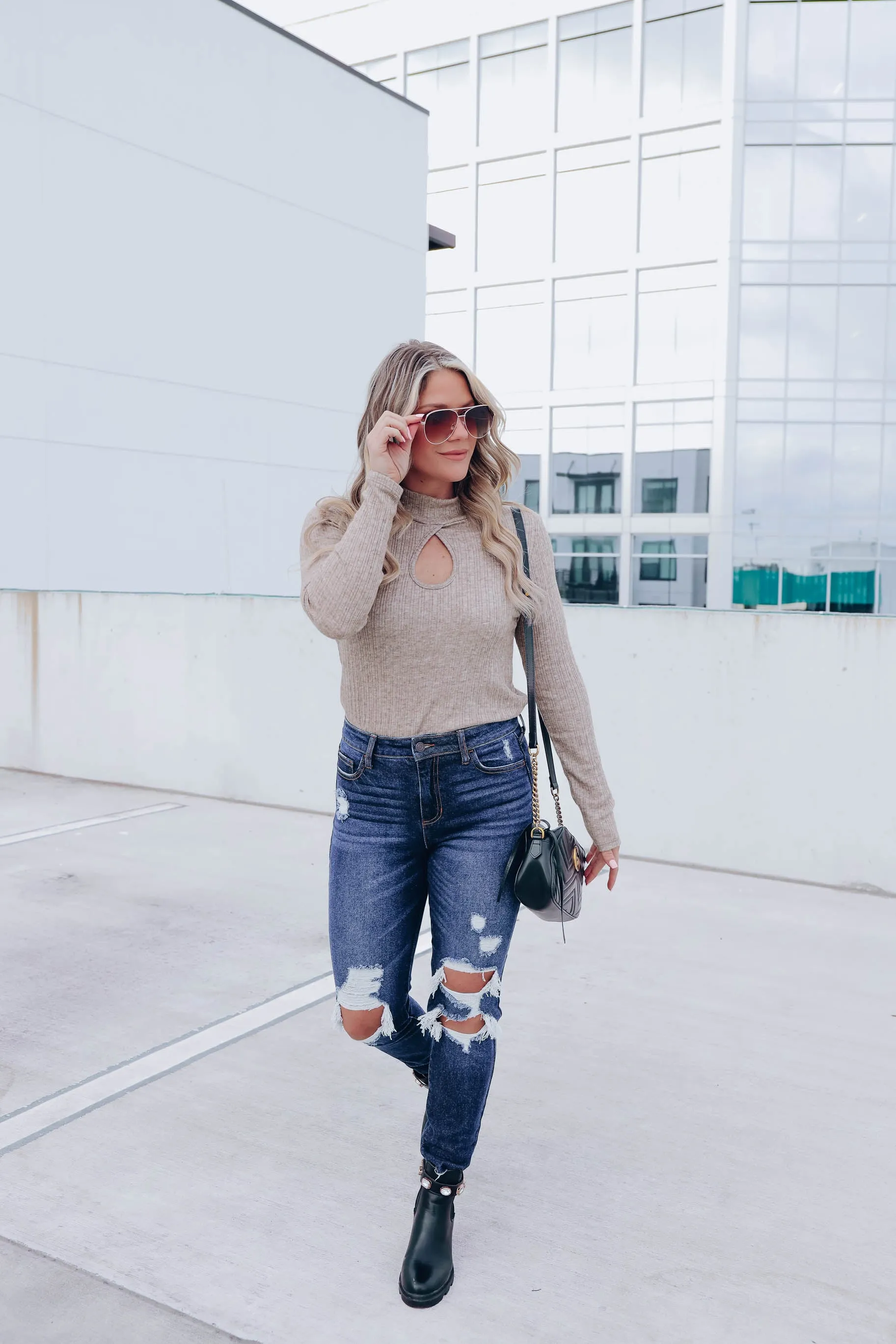 Andee Keyhole Mock Neck Top - Taupe