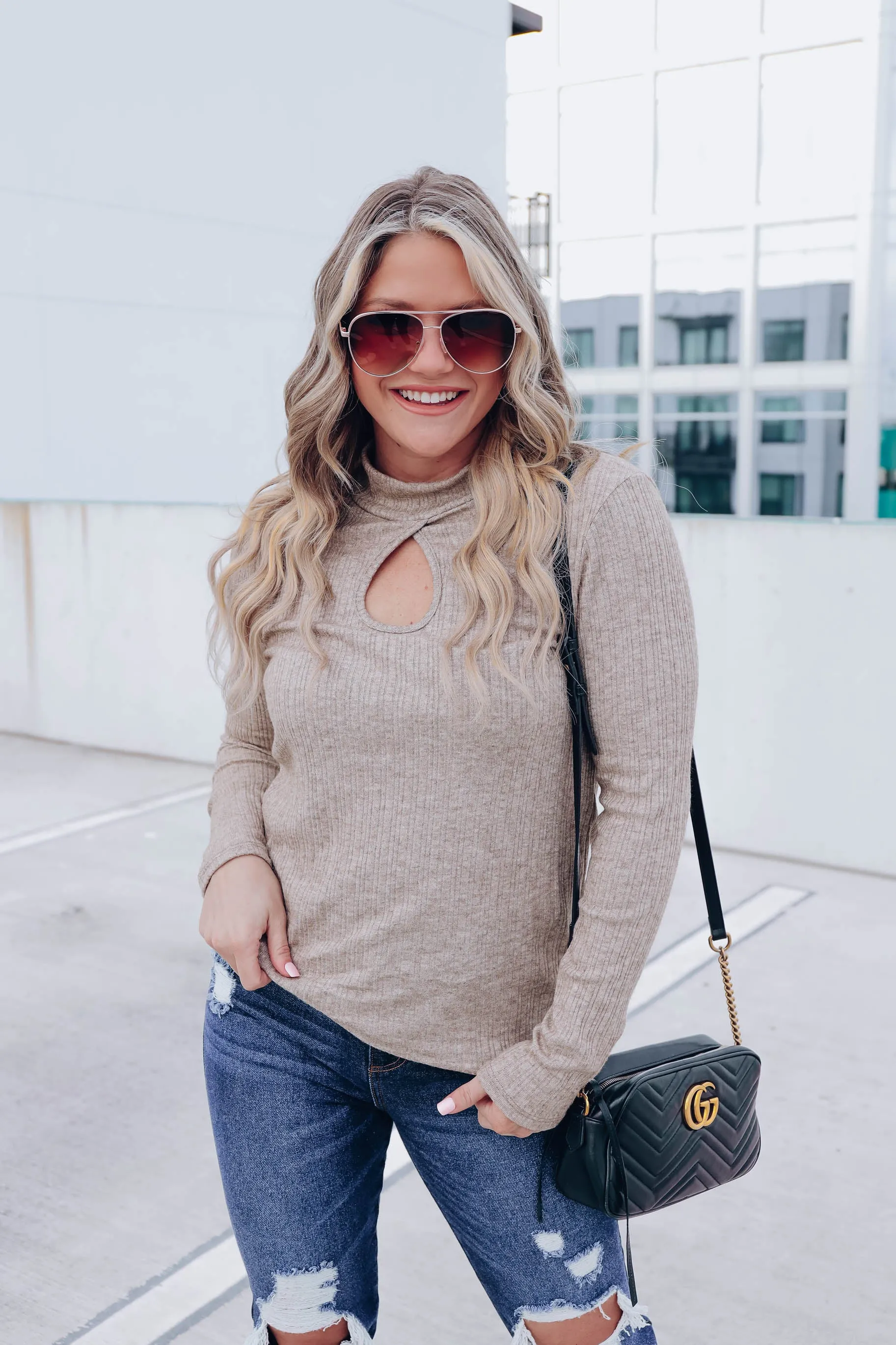 Andee Keyhole Mock Neck Top - Taupe