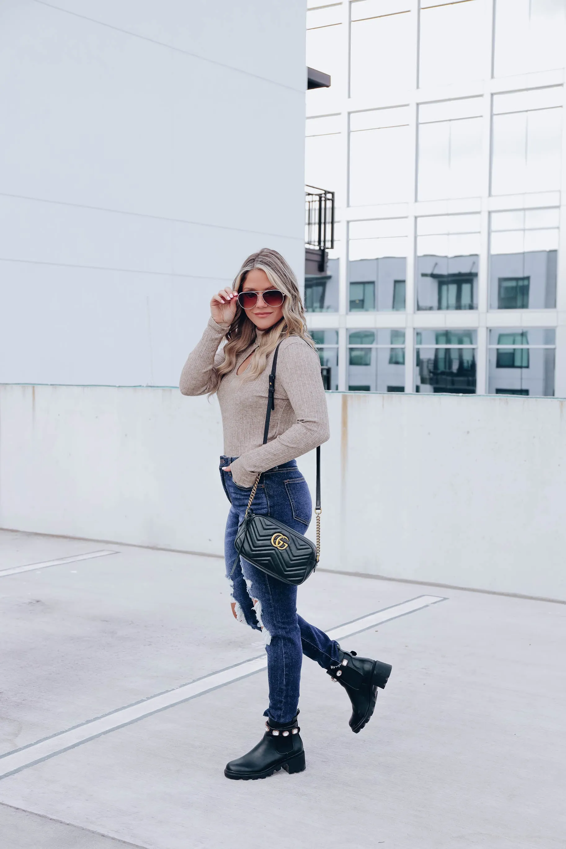 Andee Keyhole Mock Neck Top - Taupe