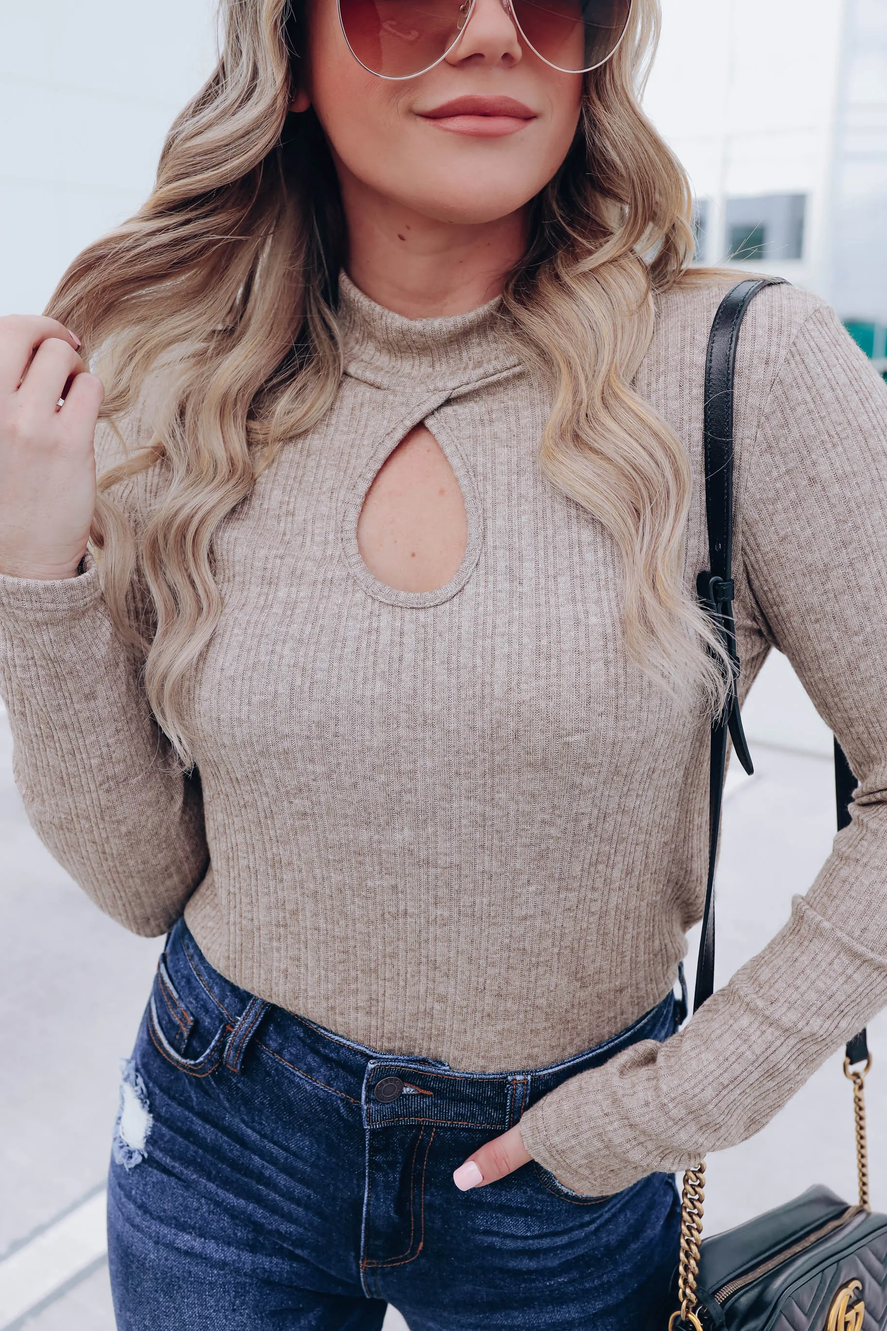 Andee Keyhole Mock Neck Top - Taupe