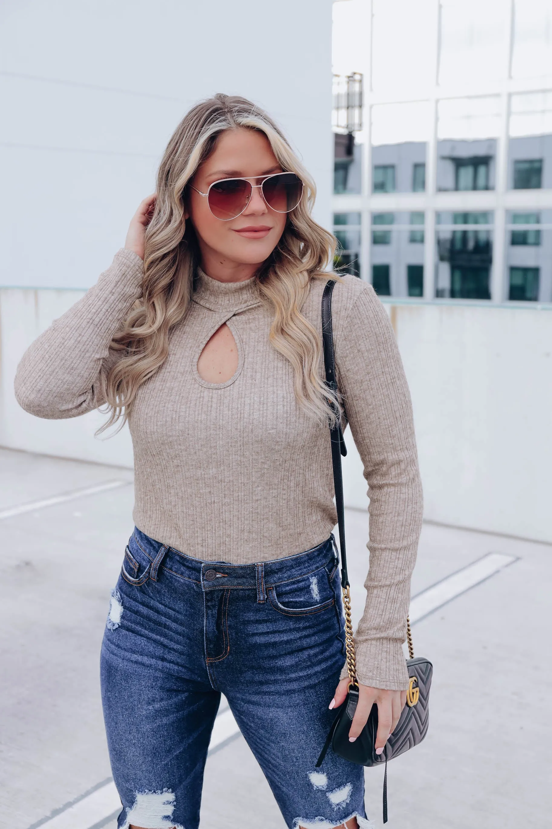Andee Keyhole Mock Neck Top - Taupe