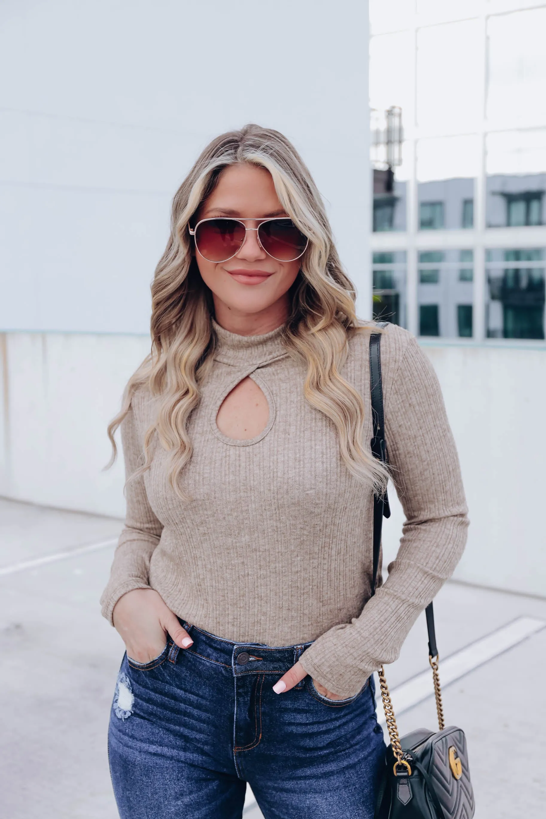 Andee Keyhole Mock Neck Top - Taupe