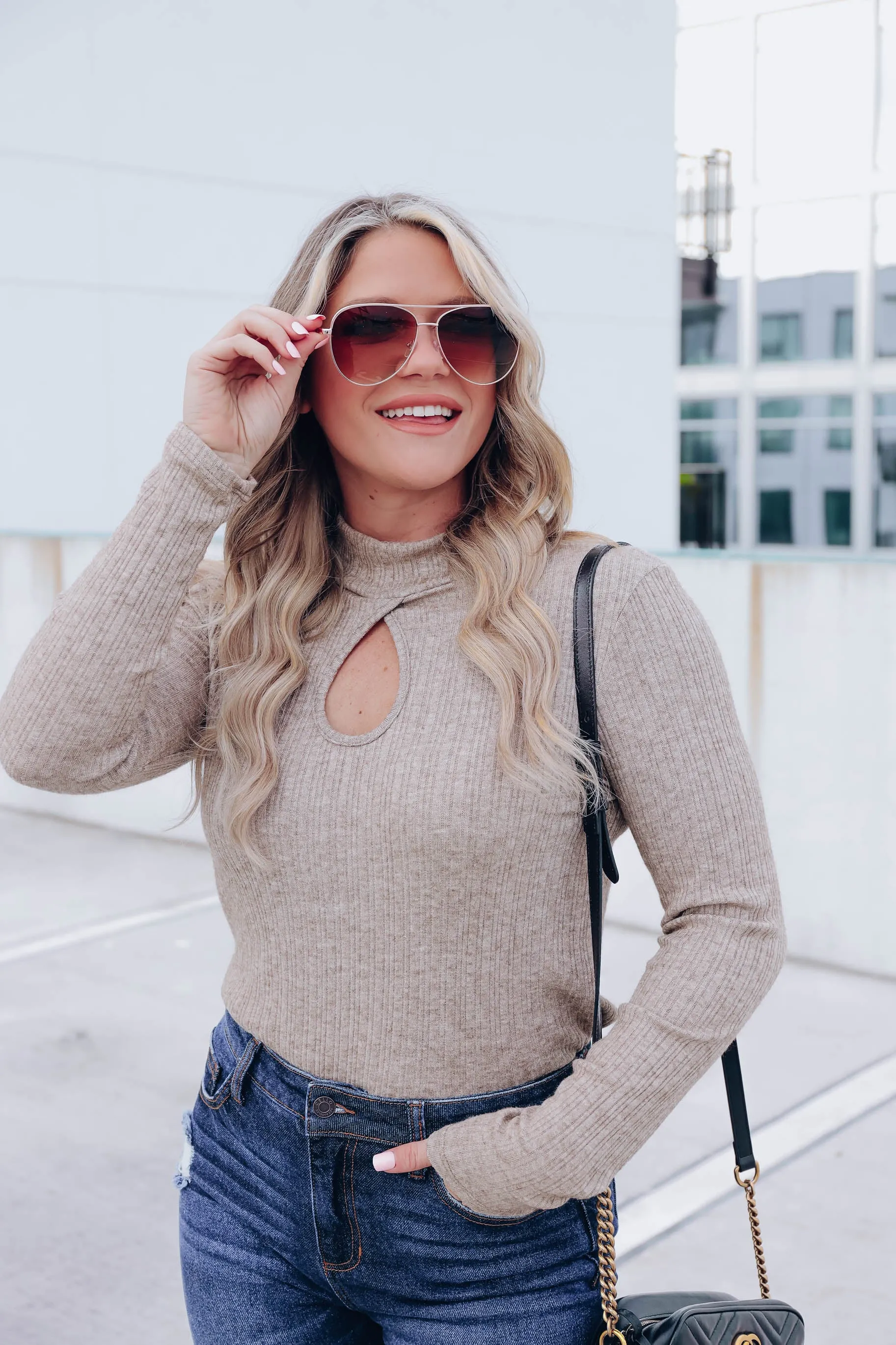 Andee Keyhole Mock Neck Top - Taupe