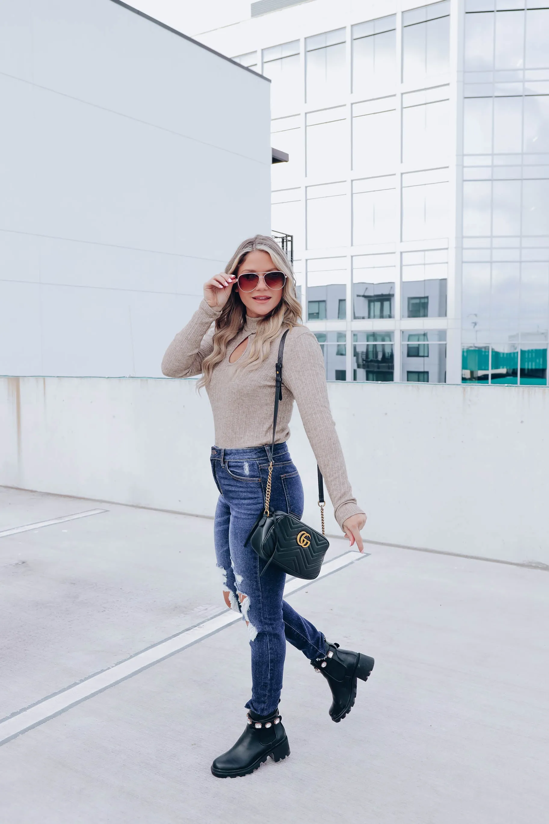 Andee Keyhole Mock Neck Top - Taupe