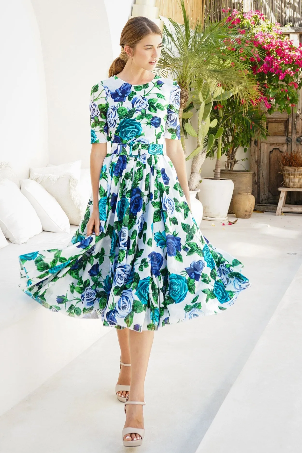 Aster Dress Crew Neck 1/2 Sleeve Midi Length Cotton Musola (Charlotte Rose Big)