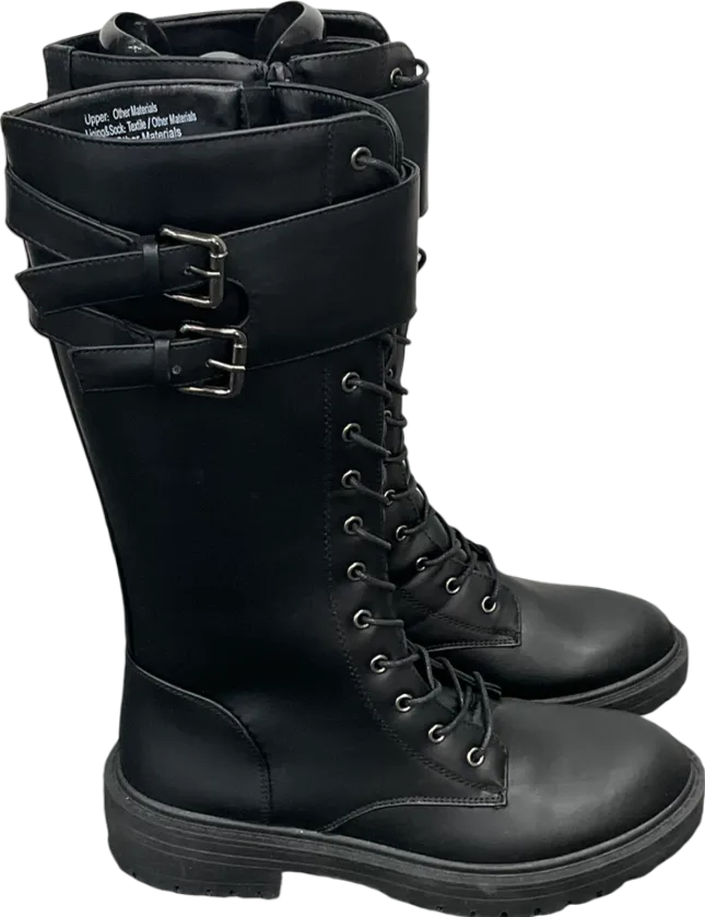 Be You Black Knee High Buckle Strap Lace Up Boots UK 7 EU 40 👠