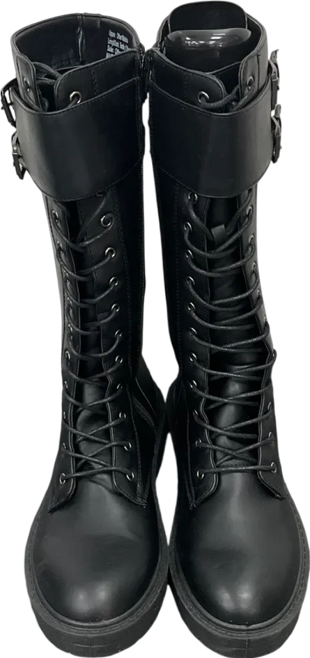 Be You Black Knee High Buckle Strap Lace Up Boots UK 7 EU 40 👠