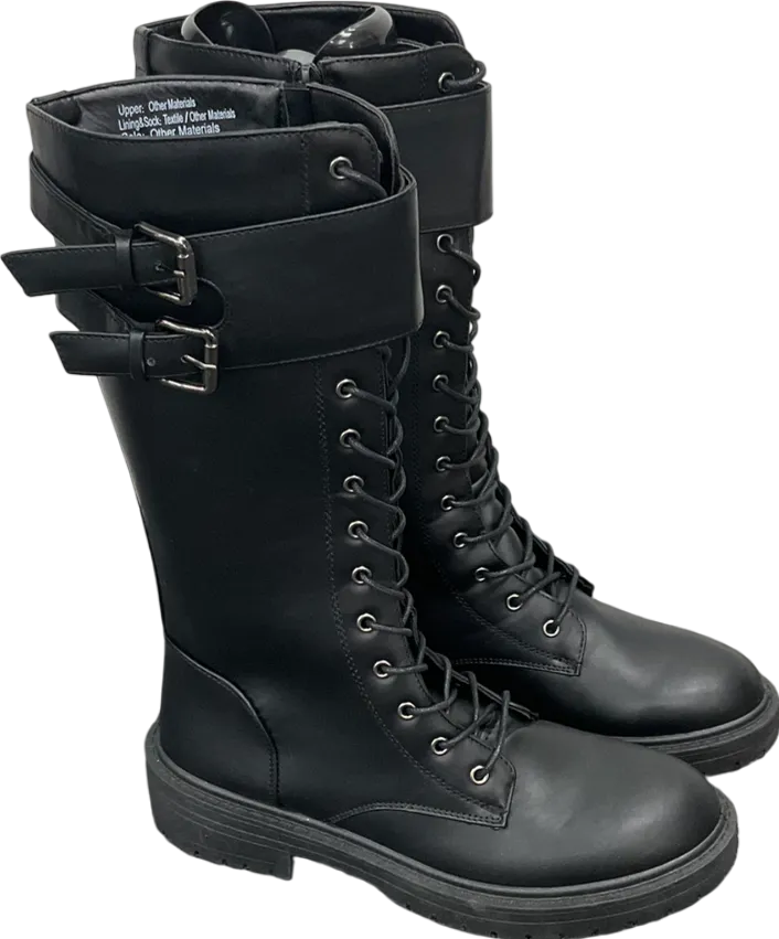 Be You Black Knee High Buckle Strap Lace Up Boots UK 7 EU 40 👠