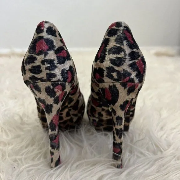 Betsey Johnson Diskko Pumps Leopard Cheetah Tan Black &amp; Pink Velvet Size US 7.5