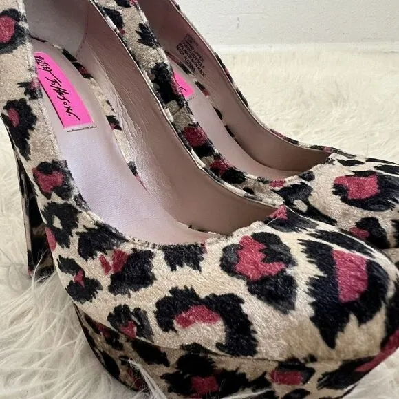 Betsey Johnson Diskko Pumps Leopard Cheetah Tan Black &amp; Pink Velvet Size US 7.5