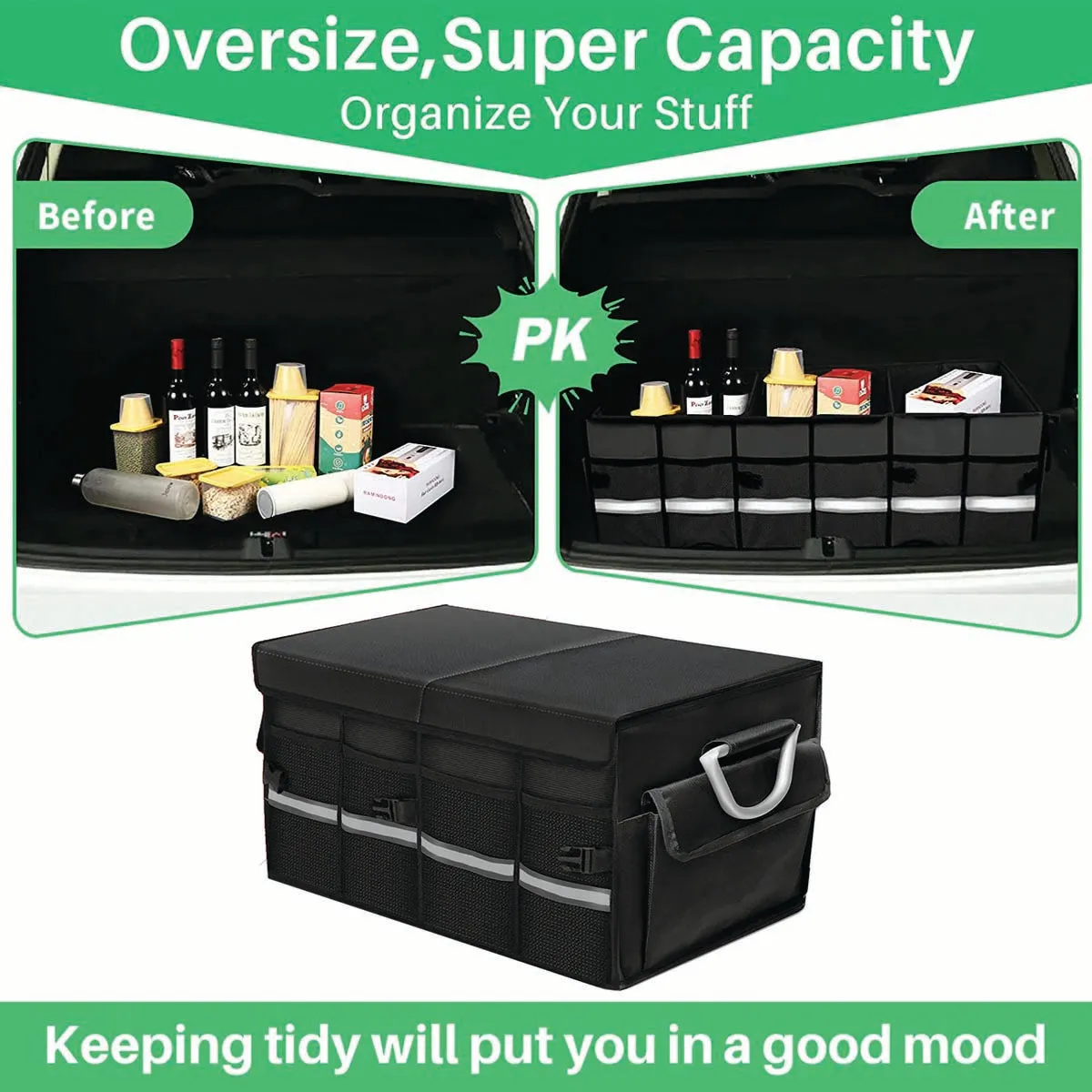 Big Trunk Organizer, Cargo Organizer SUV Trunk Storage Waterproof Collapsible Durable Multi Compartments RA12994