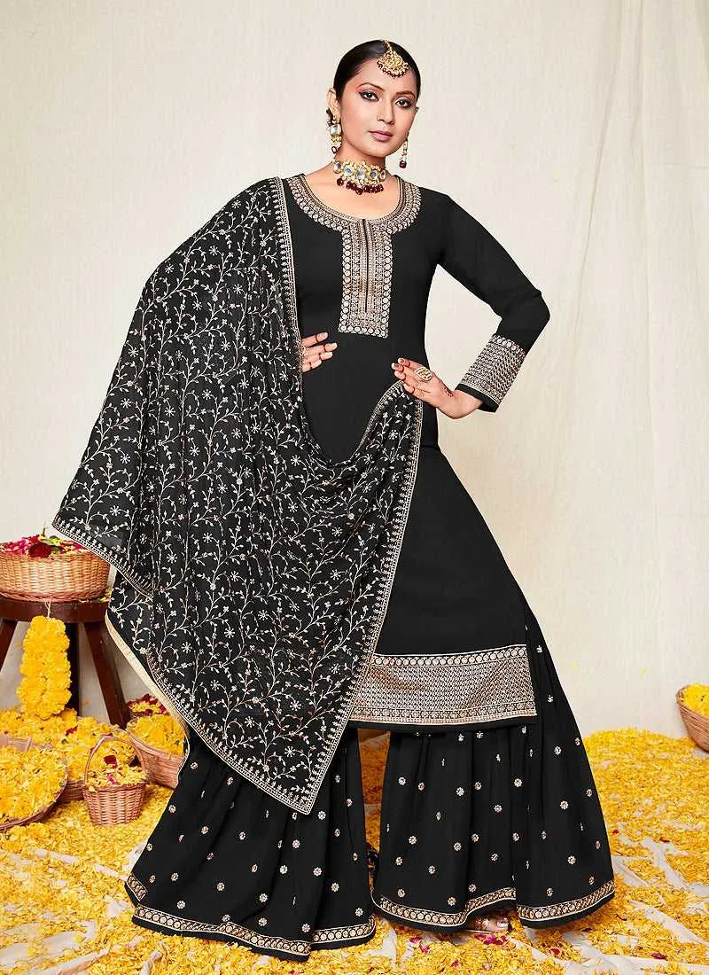 Black and Gold Embroidered Gharara Suit