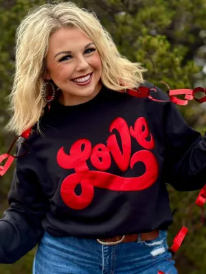 Black Sweatshirt {PUFFY RED METALLIC LOVE} Crew Neck Sweatshirt