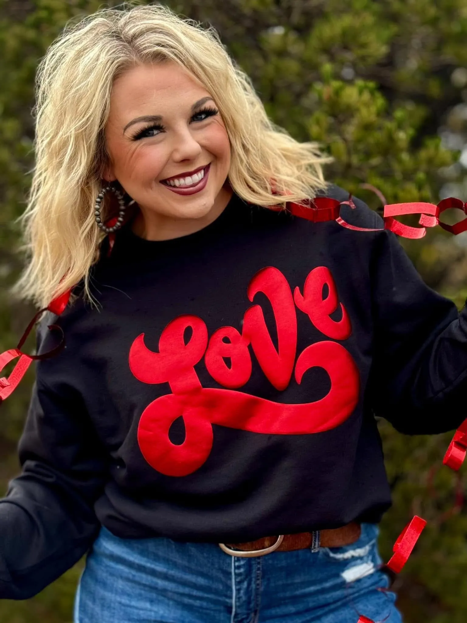 Black Sweatshirt {PUFFY RED METALLIC LOVE} Crew Neck Sweatshirt