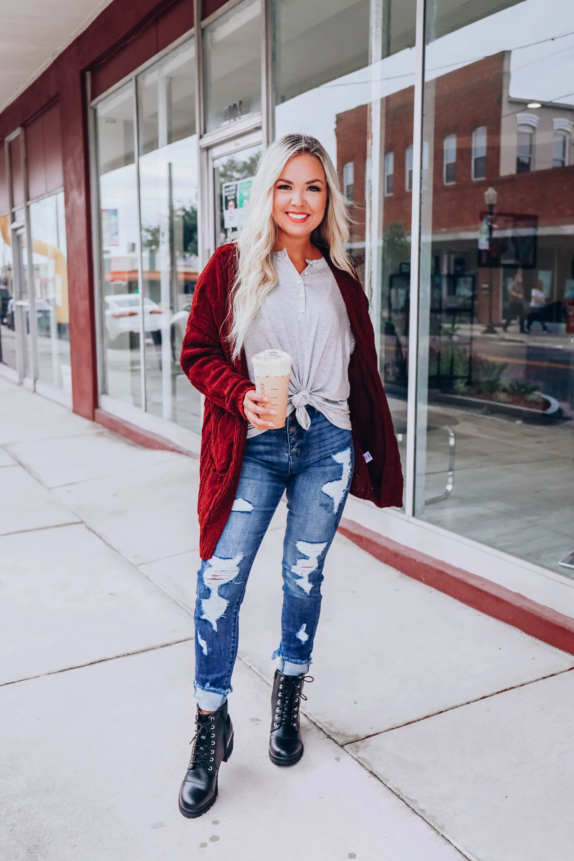 Cable Knit Cardigan - Wine