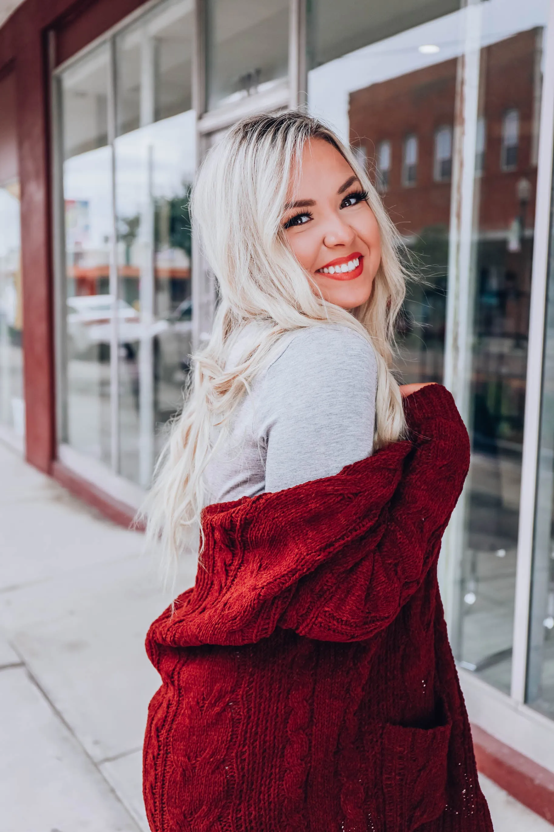 Cable Knit Cardigan - Wine