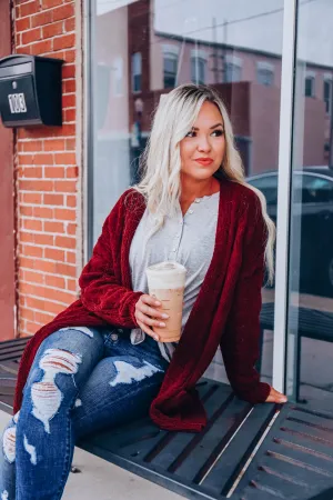 Cable Knit Cardigan - Wine
