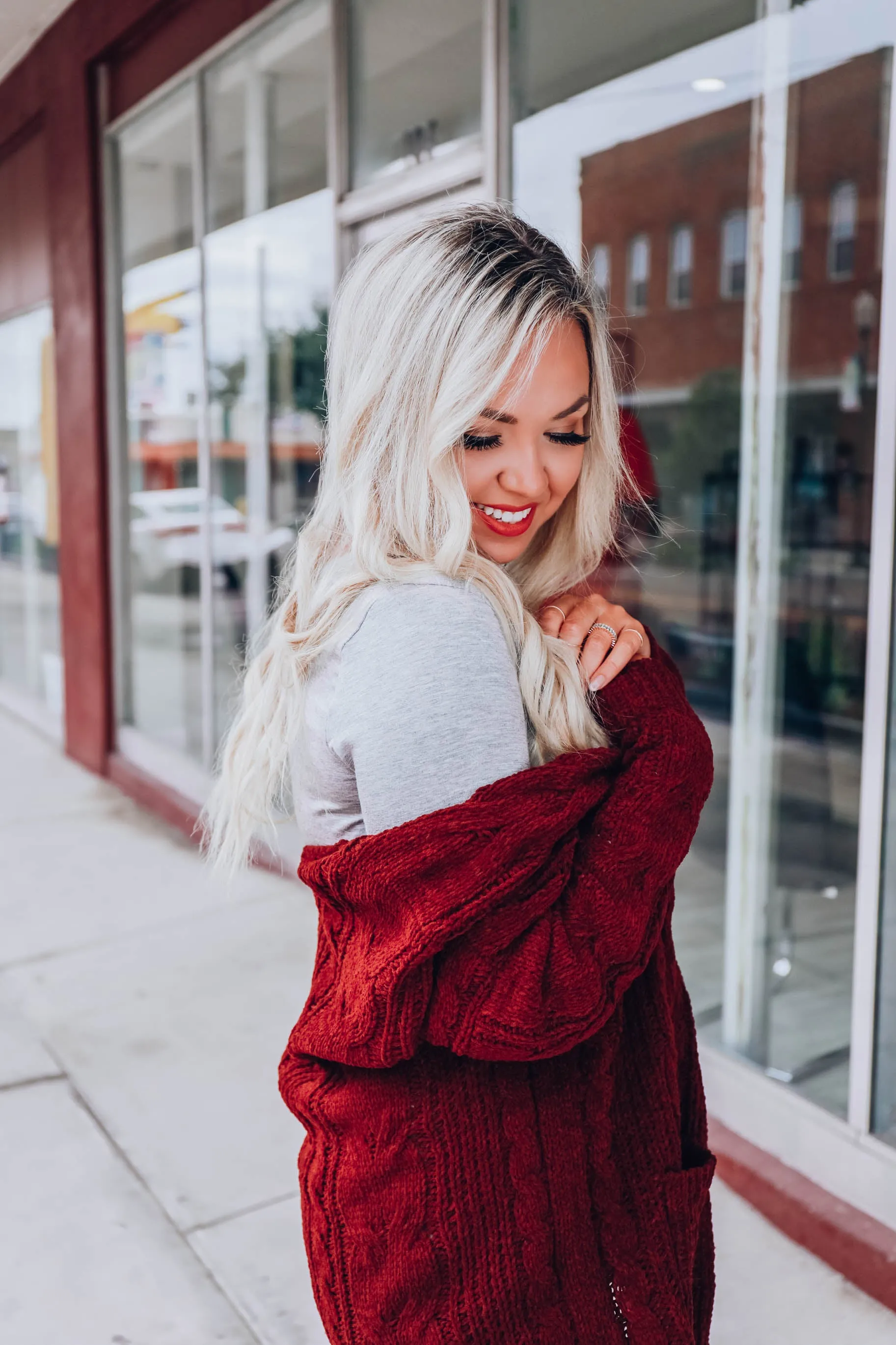 Cable Knit Cardigan - Wine