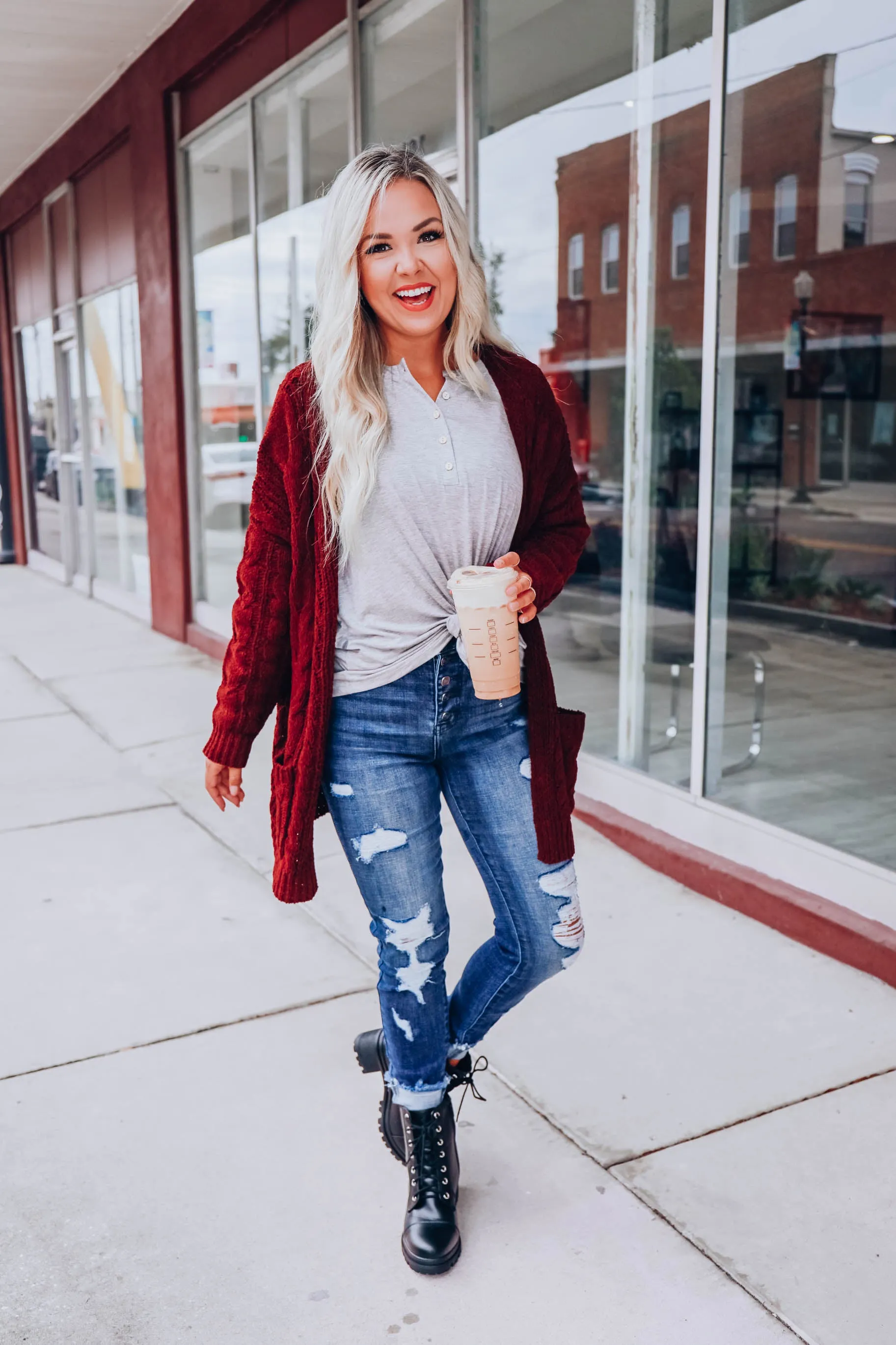 Cable Knit Cardigan - Wine