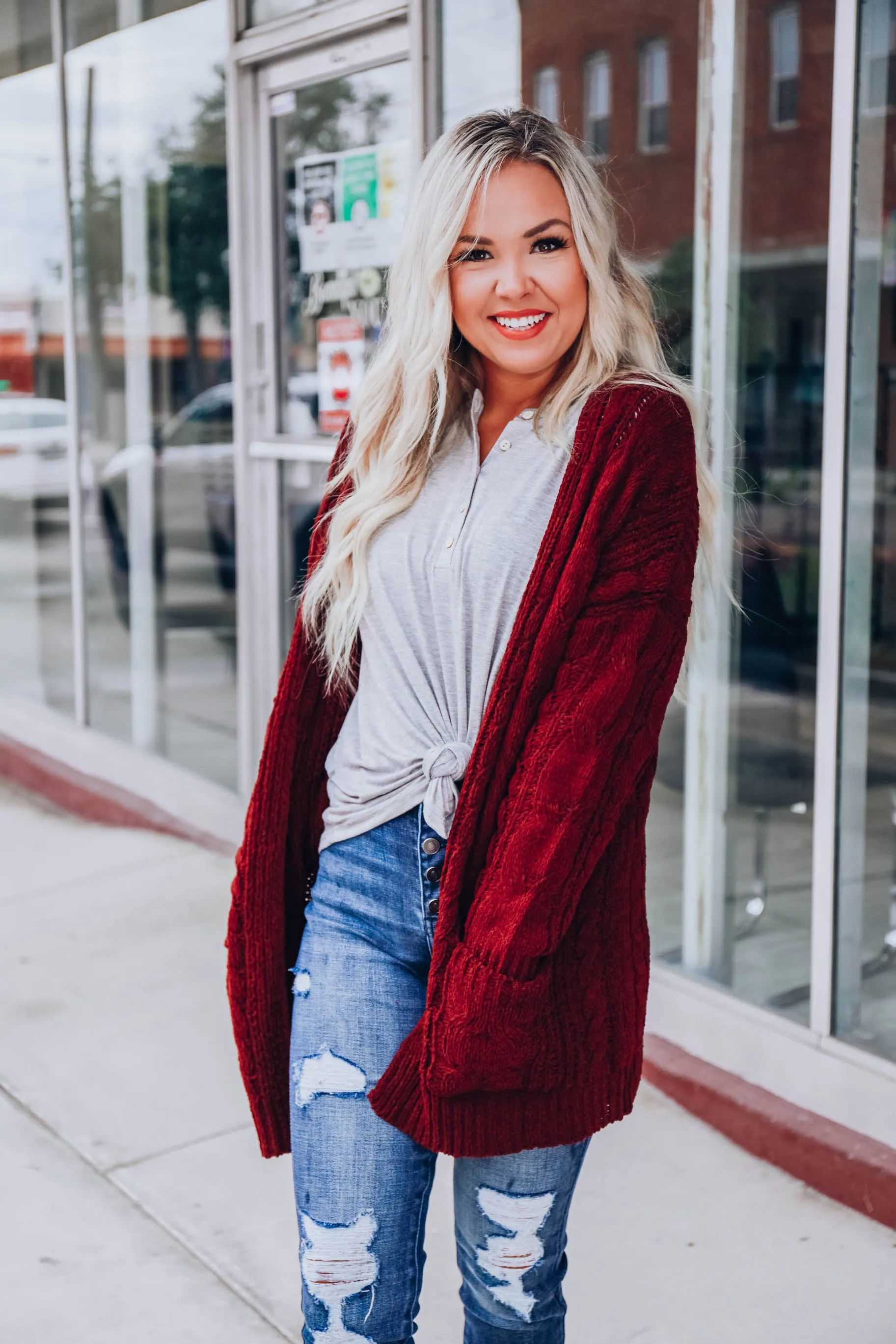 Cable Knit Cardigan - Wine