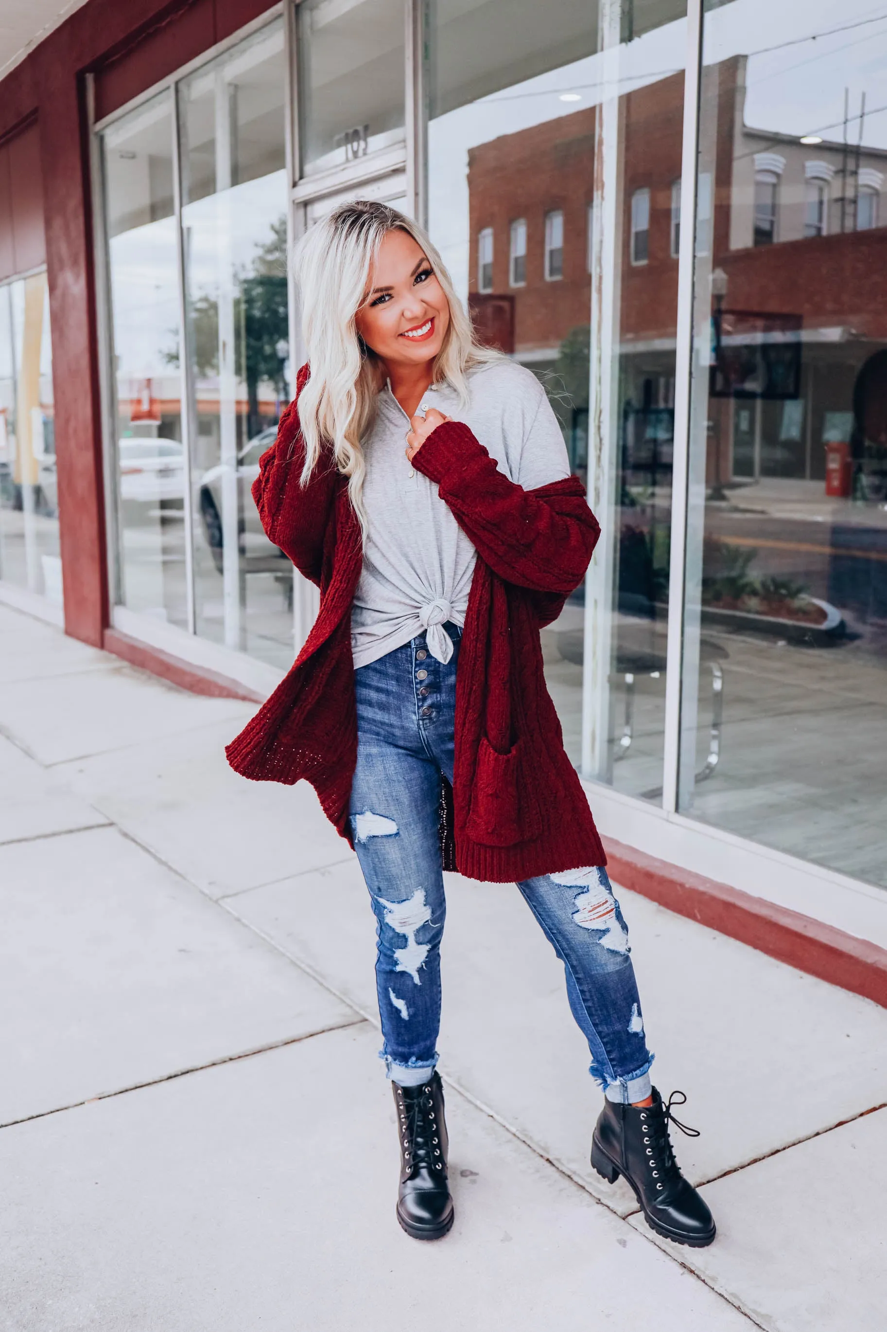 Cable Knit Cardigan - Wine