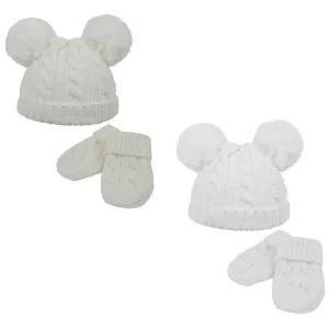 Cable Knit Pom Pom hat/mitten set- (0-6m) H495-CW