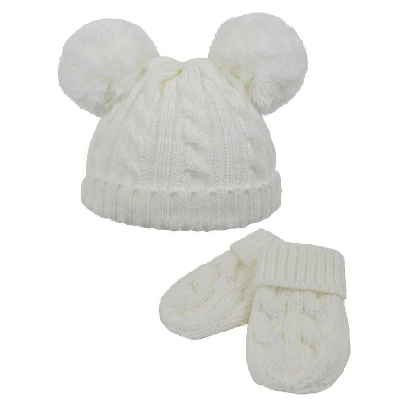 Cable Knit Pom Pom hat/mitten set- (0-6m) H495-CW