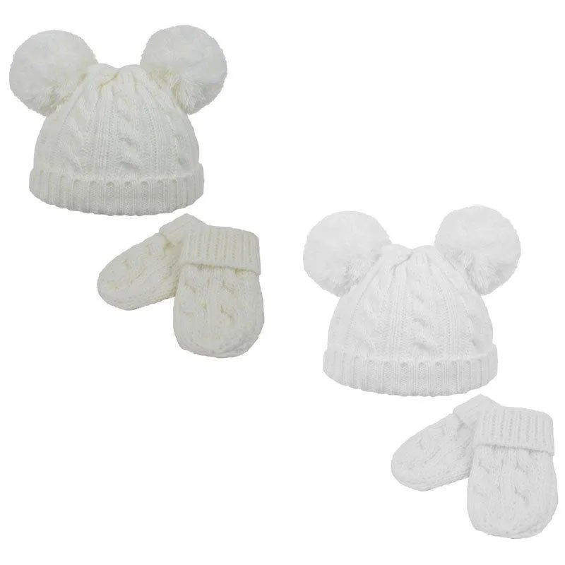Cable Knit Pom Pom hat/mitten set- (0-6m) H495-CW