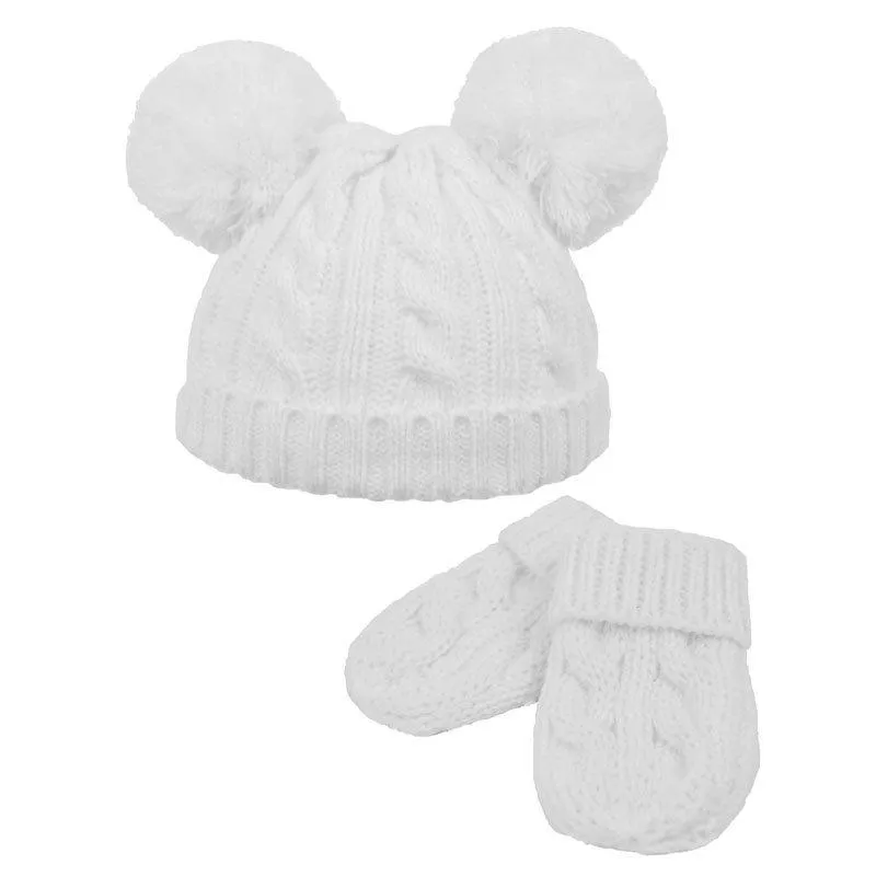 Cable Knit Pom Pom hat/mitten set- (0-6m) H495-CW