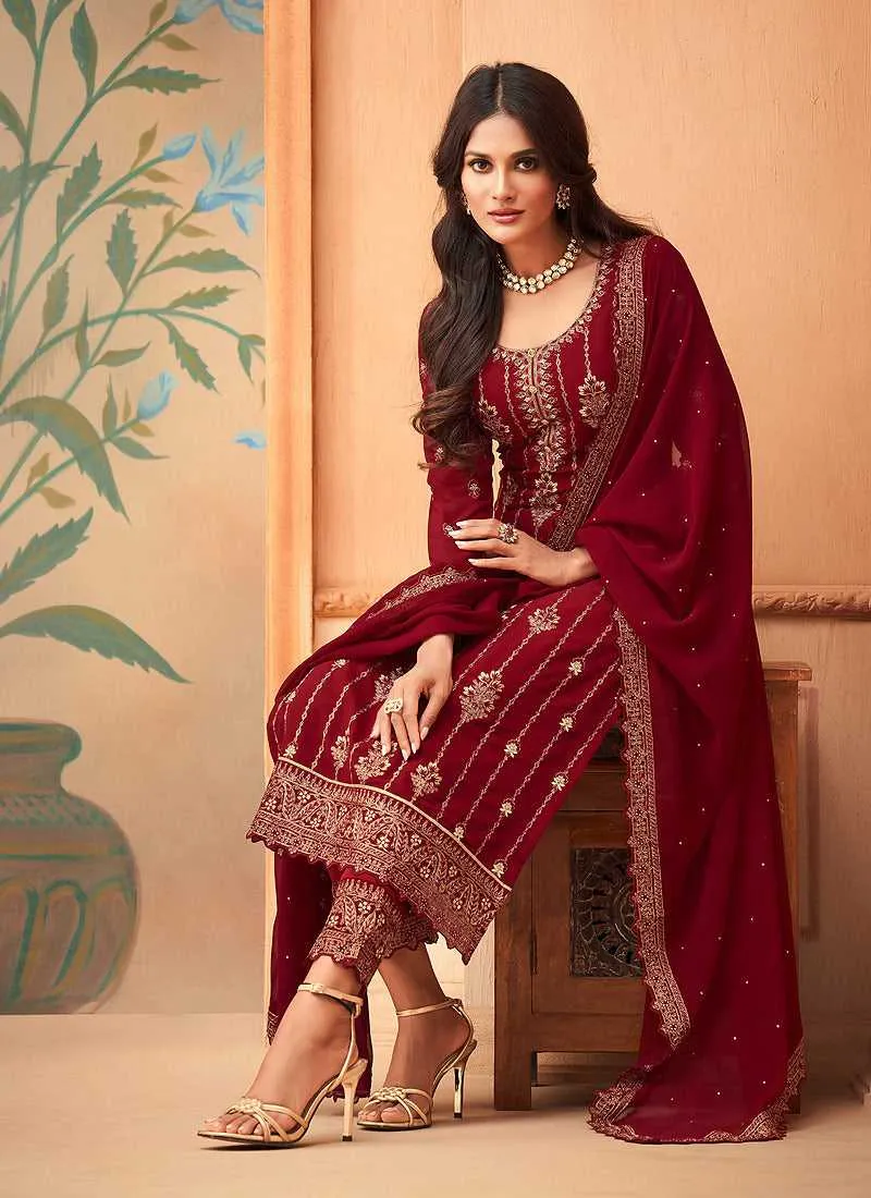 Cherry Red Embroidered Straight Pant Style Suit