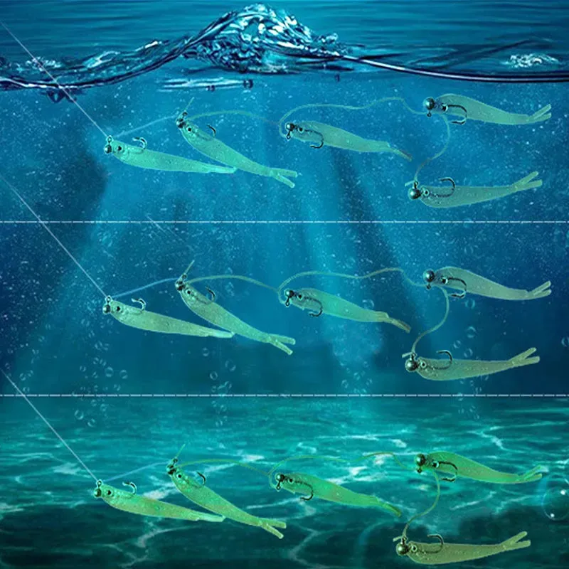 Cluster 5x Soft Lure Fishing jig Bait T Tail fluke weighted hooks and leader Swim Cast Bait