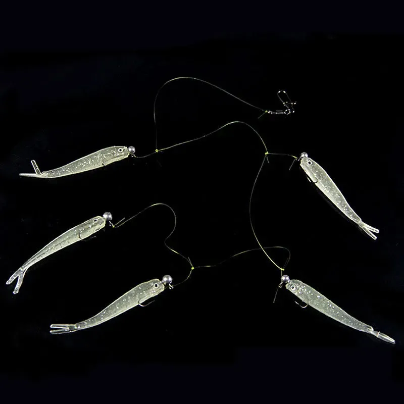 Cluster 5x Soft Lure Fishing jig Bait T Tail fluke weighted hooks and leader Swim Cast Bait