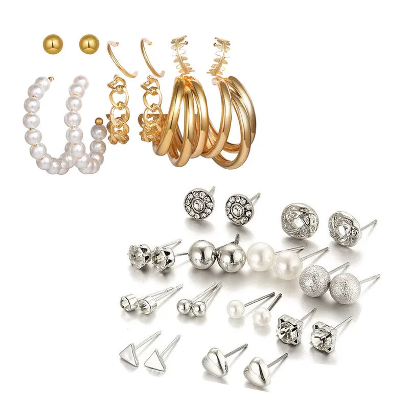 Combo of 18 Pair Silver Golden Studded Pearl Stud Earrings