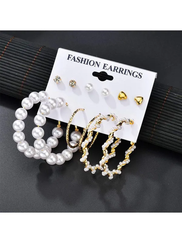 Combo of 18 Pair Studded Pearl Studs and Hoop Earrings
