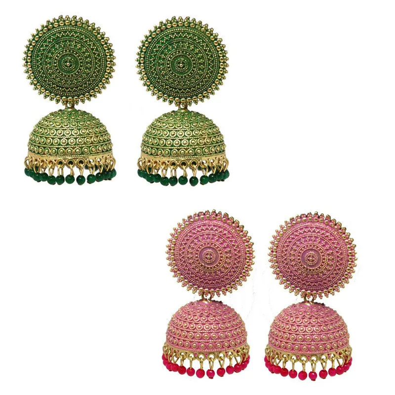 Combo of 2 Pink and Dark Green Pearls Dome Shape Jhumki