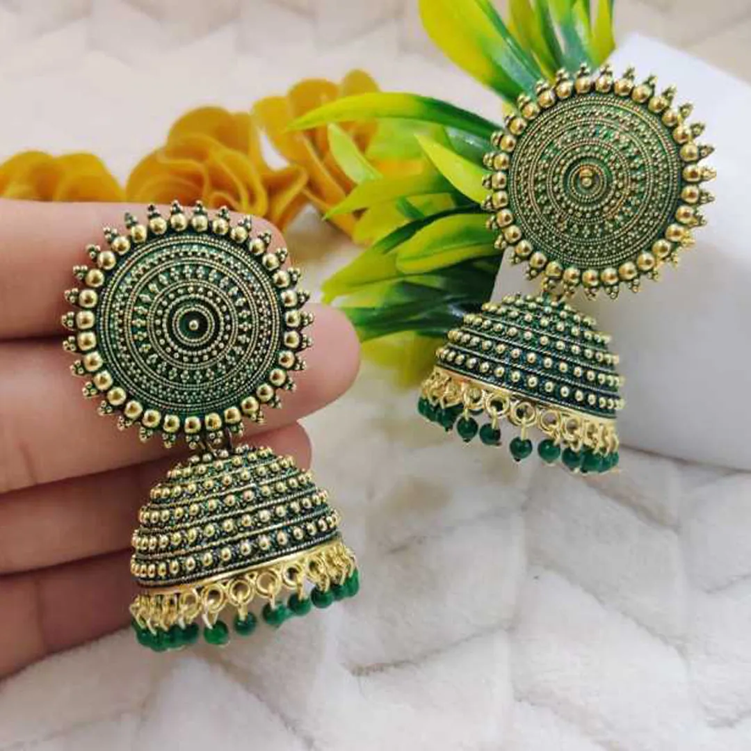 Combo of 2 Pink and Dark Green Pearls Dome Shape Jhumki