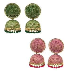 Combo of 2 Pink and Dark Green Pearls Dome Shape Jhumki