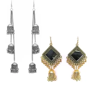 Combo of 2 Square Mirror and Layered Ghungroo Earrings